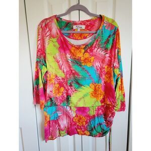 High Fifth 1X Colorful Top Tropical Print Stretch 3/4 Slv Rayon Blend Palm Frond
